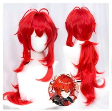 Genshinin and Impact Dilucuc Cosplay 60cm Long Red Wig Cosplay Anime Cosplay Wigs Heat Resistant Synthetic Wigs Halloween