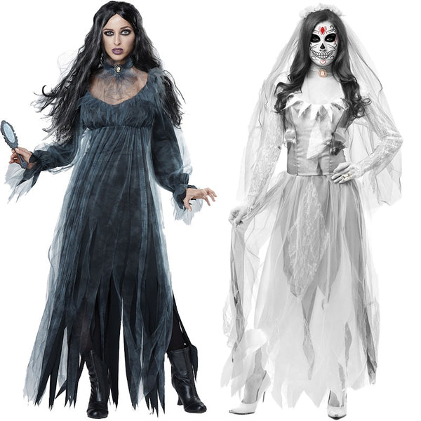 Women Gothic Halloween Morticia Addams Ghost Witch Costume Horror Lace Dress Gown Robe Clothes