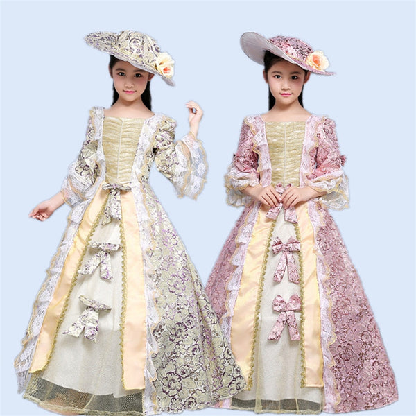 Medieval Palace Princess Dress Party Cosplay Costume for Kids Baby Girls Renaissance Ruffle Fancy Party Vintage Vestido Hat Set