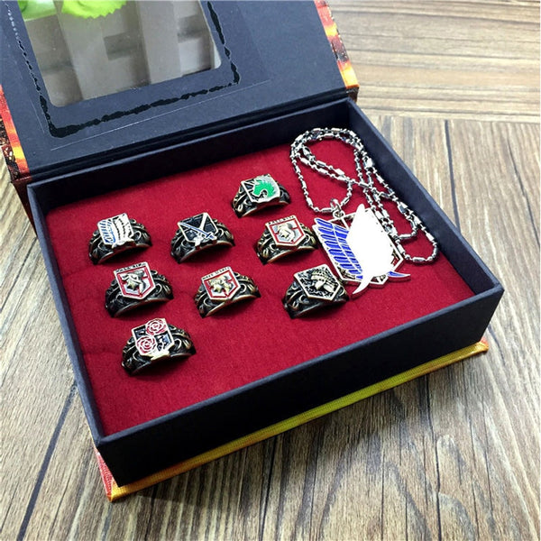 Attack on Titan Cosplay Rings Set Anime Alloy Ring with Necklace Wings of Liberty Flag Finger Rings for Men Women Jewelry Fans