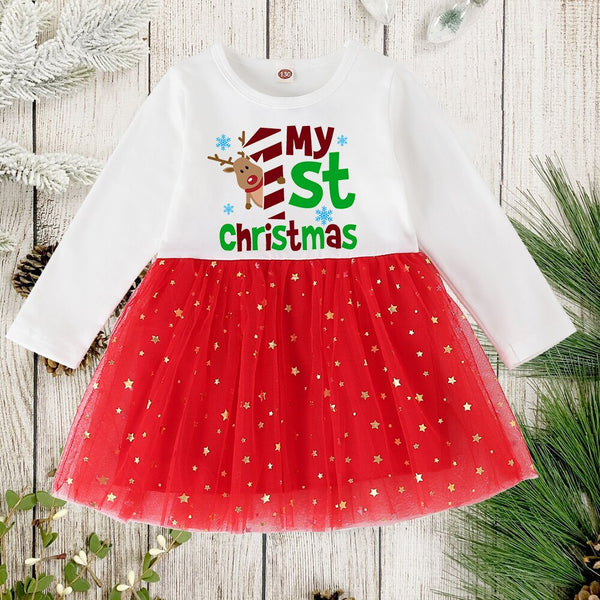 BABY'S FIRST CHRISTMAS Xmas Kids Baby Girl Dress Christmas Tutu Long Sleeve Dress Princess Santa Xmas Outfit Dress