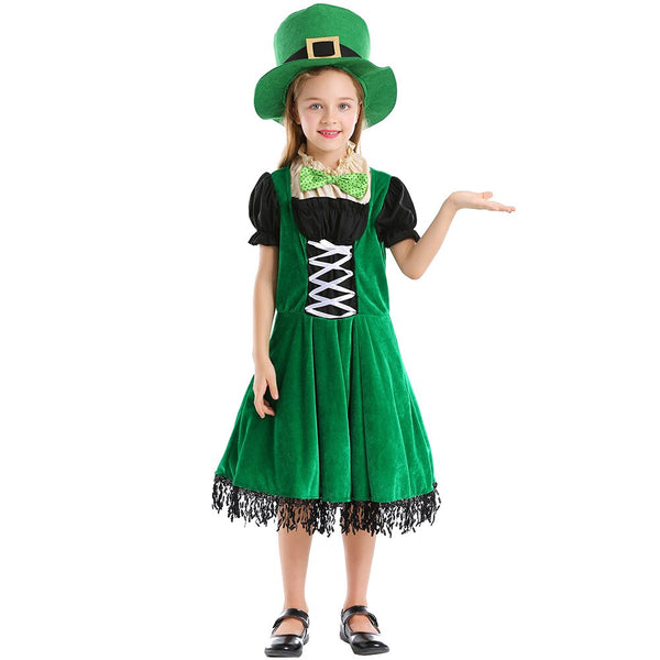 Kid Children Western Europeans Ireland St. Patrick's Day Costume Girl Magician Green cos Goblin Dwarfs Cosplay Role Play Party Dress