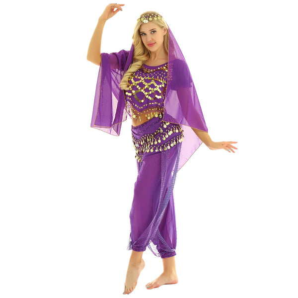 Womens Belly Dancewear Short Lanterns Sleeves Coins Top with Harem Pants Hip Scarf and Head Scarf Carnival India Costume Outfit