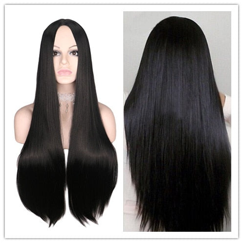 Halloween lady Morticia Addams 80cm 100cm Long  Black Straight Wig Family WEDNESDAY ADAMS Cosplay Middle Part Synthetic Pelucas