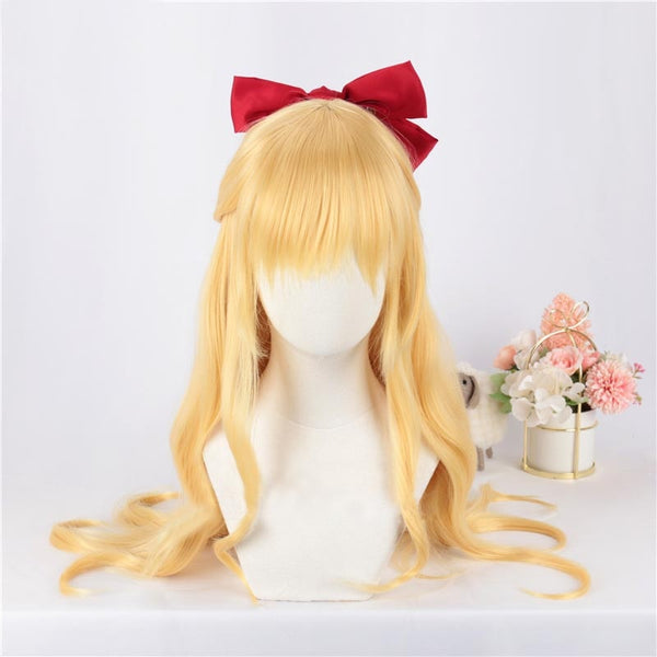 Sailor Venus Cosplay Wigs Minako Aino Cosplay Wig Golden Long 80cm Curly Heat Resistant Synthetic Hair With Red Bow + wig cap