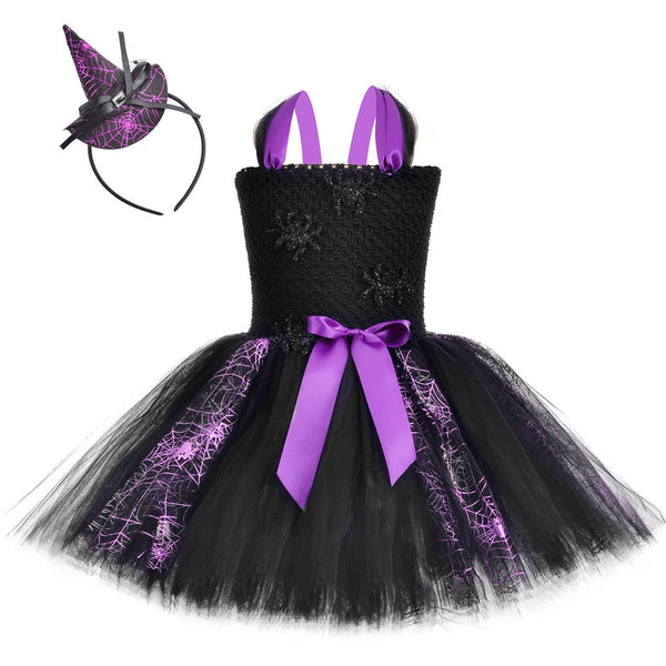 Girls Halloween Spider Witch Tutu Dress Black & Purple Fancy Girl Carnival Party Dress Tulle Kids Spiderweb Wizard Witch Costume