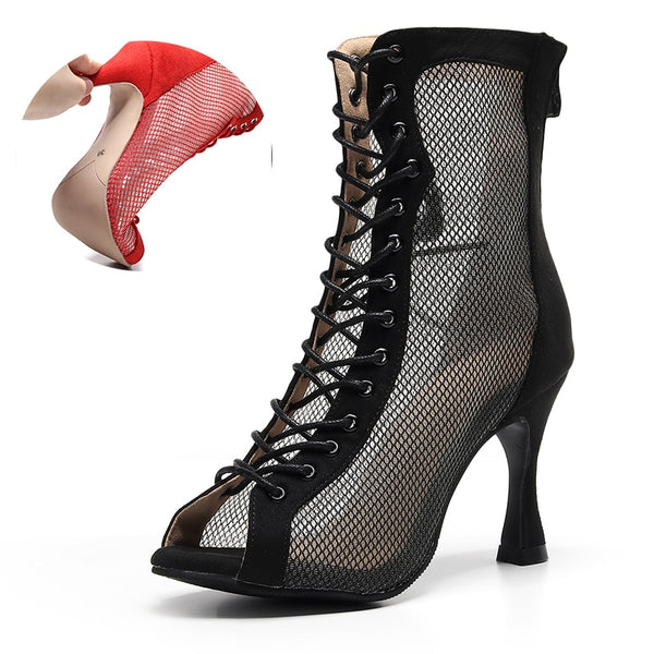 Women Lace Up Latin Dance Shoes Red Black Soft Sole Ballroom Salsa Dance Boots For Girls Flannel Practice Salsa Dancing Shoes