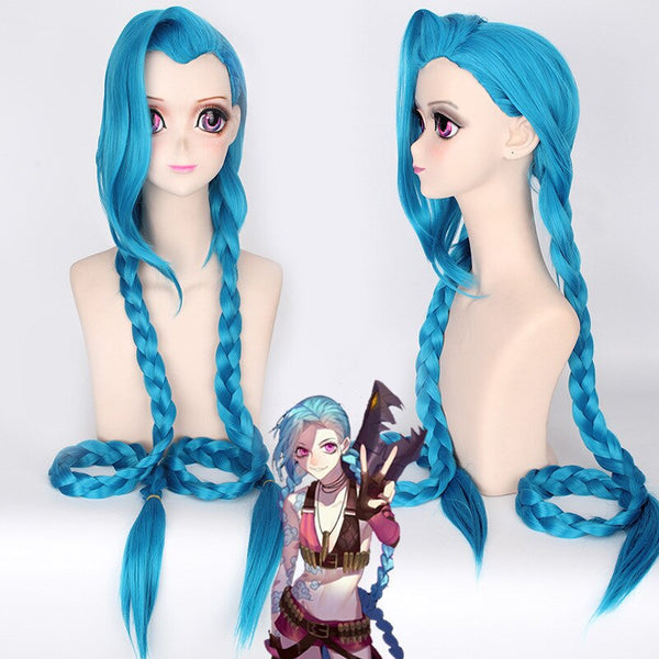Game LOLs Cosplay Jinxnx 120cm Long Blue Braids Wigs Heat Resistant Synthetic Hair+ Wig Cap For Girls
