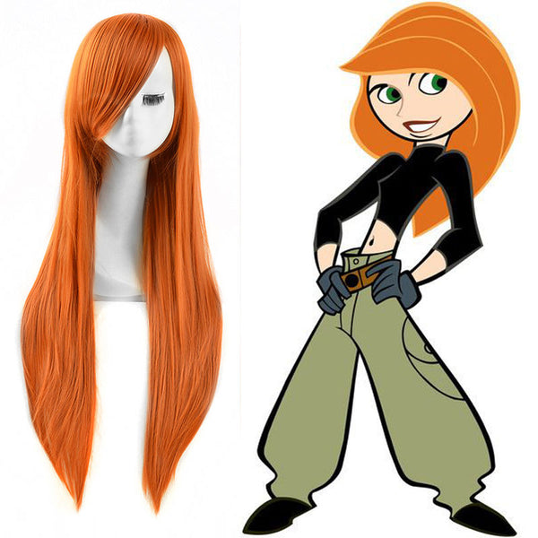 85cm Kim Possible Cosplay Wigs Orange Straight Long Synthetic Full Bangs Anime Costume Wigs + Wig Cap