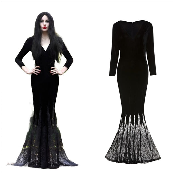 Adult Women Halloween Cosplay Morticia Addams Ghost Witch Costume Horror Black Gothic Lace Dress Gown Robe Dress Party Carnival