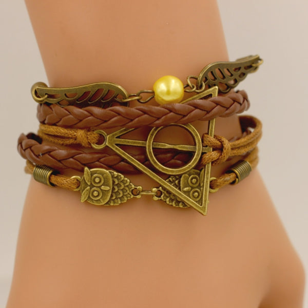 Owl Wings Triangle Bracelet Cosplay Brown Black Leather Rope Vintage Retro Punk Bangle Jewelry Accessories Gifts
