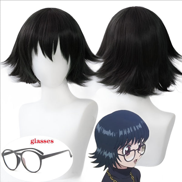 Anime Hunter x Hunter Shizuku Murasaki Perücke mit Brille, kurz, schwarz, hitzebeständige Kunsthaarperücken + kostenlose Perückenkappe
