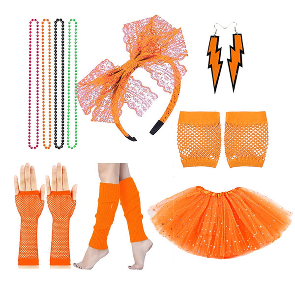 Women 70s 80s Disco Costume Accessories Set Adult Tutu Skirts Party Fancy Costumes 80s Lace Headband Neon Earrings