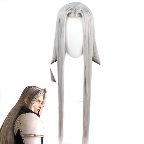 100cm Silver Long Sephiroth Wigs Heat Resistance Fiber Men&#39;s Game Synthetic Hair Cosplay Costume Wigs + Wig Cap