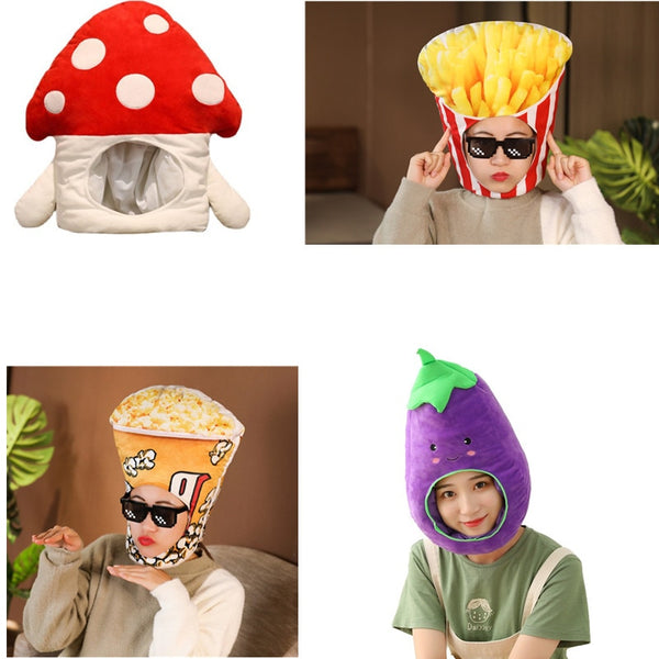 Cartoon Plush Headwear Cosplay Party Funny Eggplant Food Hat Cap Pineapple Popcorn Chips Headdress Photo Performance Prop