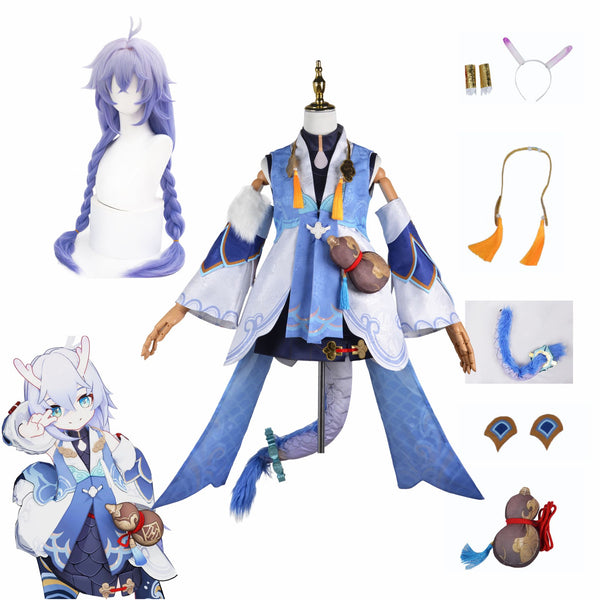 Marches 7th Honkaiai Staring Railil Cosplay Bailulu Purple Wig Full Set Costume Qingquee Dress Costume Pink Heat-Resistant Synthetic Wig