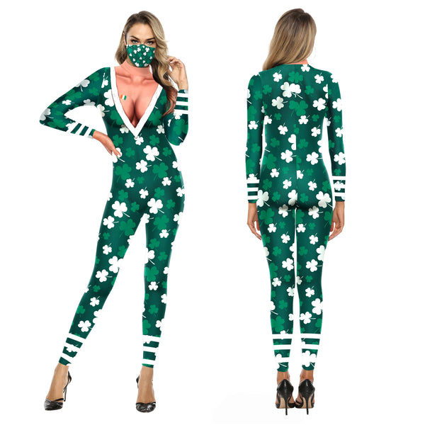 Patrick Day Funny Green Clover Cosplay Costume Zentai Shamrock Outfit Jumpsuit for Women Anime Dress 3D Print Clothes Bodysuit
