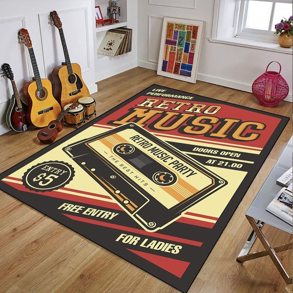 Retro Music Carpet For Bedroom Decor Vintage Guitar Large 3D Printed Home Carpet Living Room Sofa Table Soft Non-Slip Floor Mat