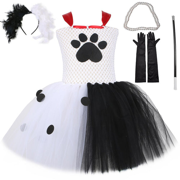 Girls ICruella De Vil Tutu Dress Polka Dot Dalmatians Villain Halloween Costume for Kids Fancy Carnival Party Clothes Outfit 1-12