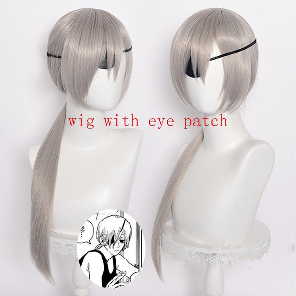 Anime Chainsaw Man Quanxi Cosplay Silver Long Wig Eyes Patch Heat-resistant Fiber Hair + Free Wig Cap Halloween Party Role Play