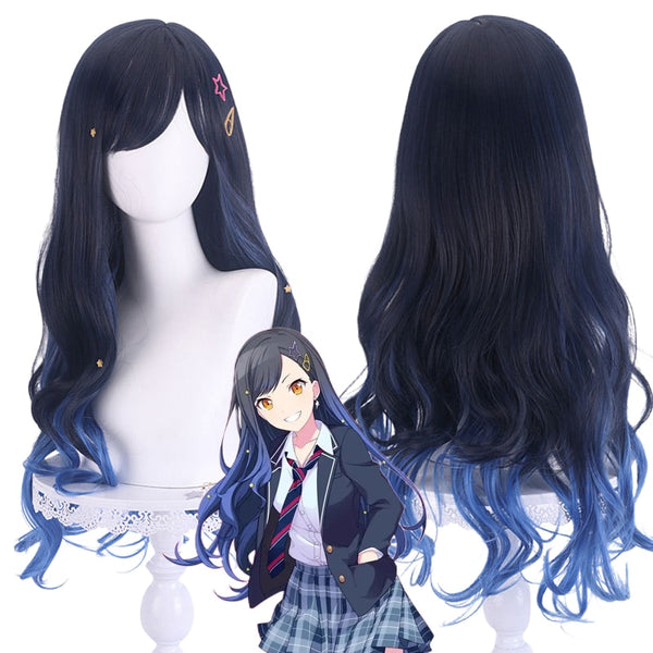 Shiraishihi Wig An Cosplay Project oh COLORFUL STAGE Curly Black Blue Mixed 70cm Heat Resistant Synthetic Fake Hair