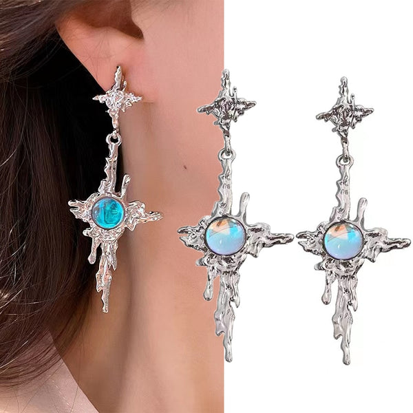 Irregular Liquid Alloy Moonstone Pendant Earring Women Fashion Luxury Punk Gothic Ear Studs Jewelry Cross Eardrop Accessories