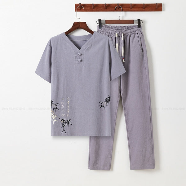 Linen Zen Tea Tee Tops Pants Kung Fu Uniform Oriental Fashion Casual Loose T-shirt Chinese Retro Style Tang Suit Men Trousers