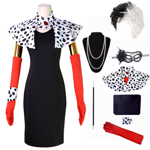 Women Black Red Cruellaa- Cosplay Costume Uniform Deville Evening Dress Shawl Necklace Gloves Halloween Suit