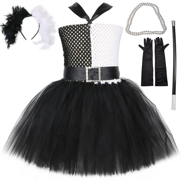 Black White Witch ICruella Tutu Dress Girls Fancy Carnival Party Dress Dalmatians ICruella De Ville Cosplay Kids Halloween Costume