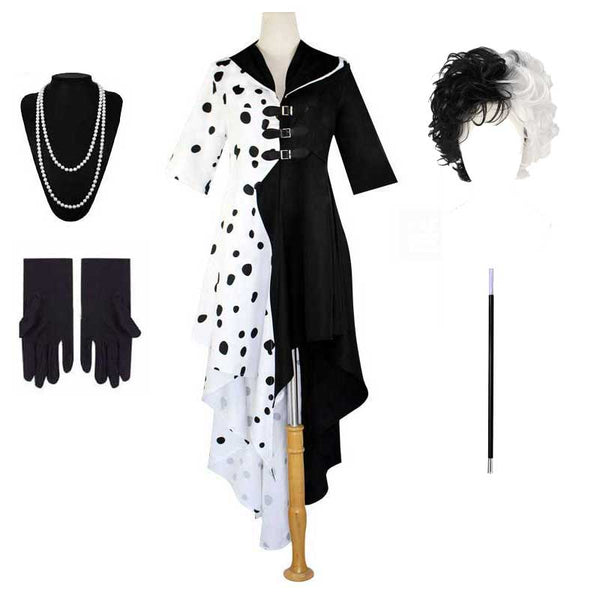 Girls Women Cruellaa- Dress Clothes ICruella De Vil Cosplay Black White Princess Dresses Wig Necklace Halloween Costumes