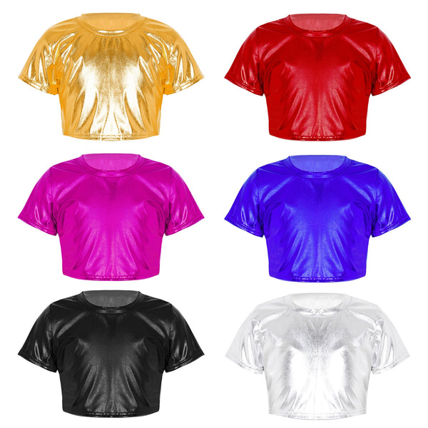 Kids Girls Boys Dance Crop Top Shiny Metallic Short Sleeve T-shirt Tops For Jazz Dance Street Wear Workout Performance Costume