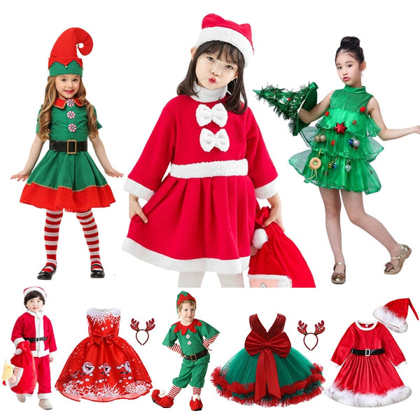 Kids Child Christmas Cosplay Santa Claus Costume Toddler Baby Red Xmas Clothes Party Dress Set for Children New Year Bow Dresses