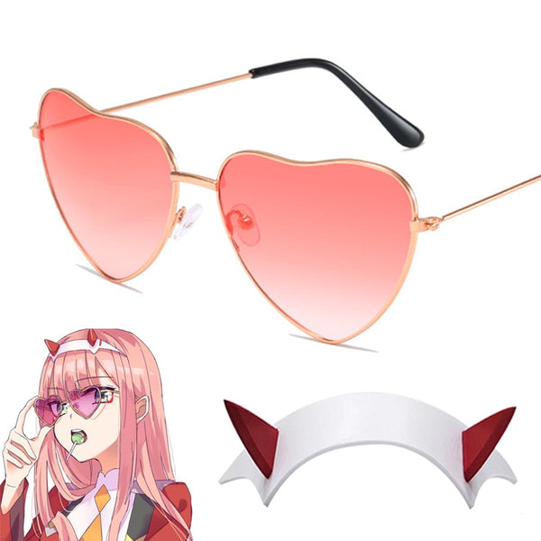 DARLING in the FRANXX Zero Two Cosplay Prop Pink Glasses Heart Metal Sunglasses Hairclip for Women Girls Halloween Party Gifts
