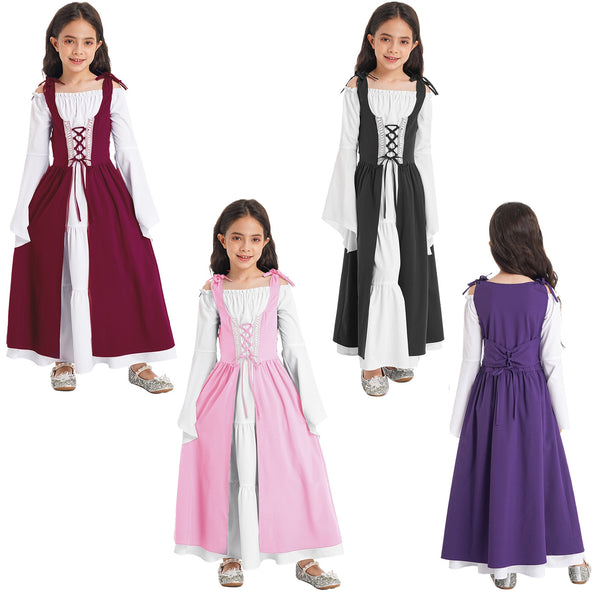 Halloween Kids Girls Medieval Renaissance Cosplay Costume Long Flare Sleeve Queen Gown Dress for Carnival Party Vampire Dress Up