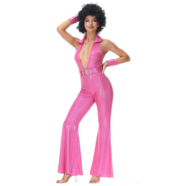 New Women Sexy Vintage 70s 80s Hippie Costume Cosplay Jumpsuit Suit Halloween Retro Disco Enthusiast Fancy Dress