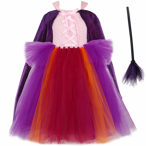 Girls Hocus Pocus Witch Tutu Dress Sanderson Sisters Cosplay Halloween Costume for Kids Fancy Carnival Party Clothes with Cape