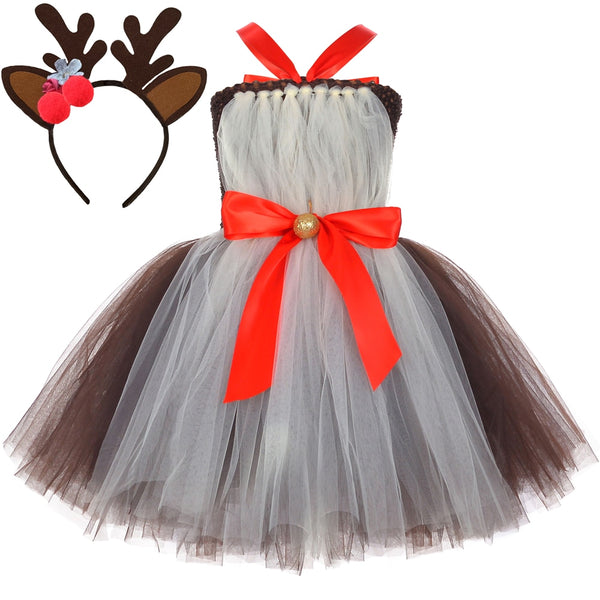 Kids Christmas Deer Costume for Girls Xmas Party Reindeer Tutu Dress Toddler Baby Christmas Dress Outfit Children Party Clothes
