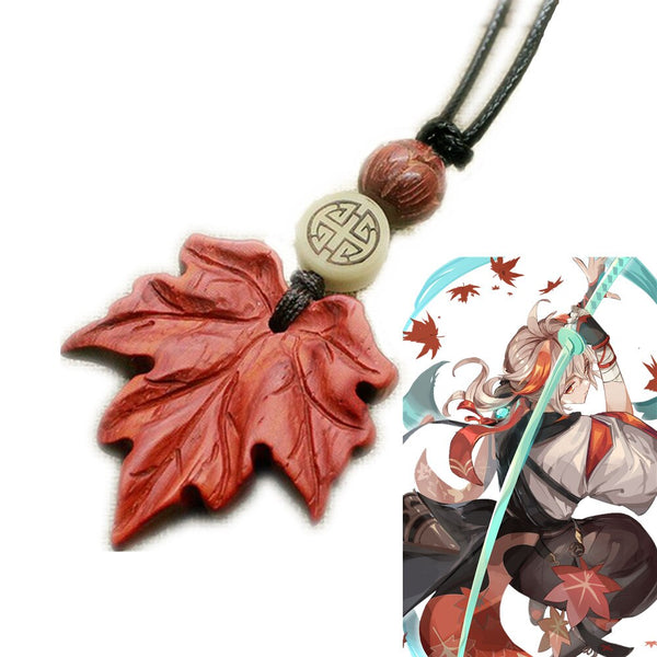 Game Genshin Impact Kaedehara Kazuha Necklace Cosplay Maple Leaf Sandalwood Pendant Prop Jewelry For Unisex Gift Accessories