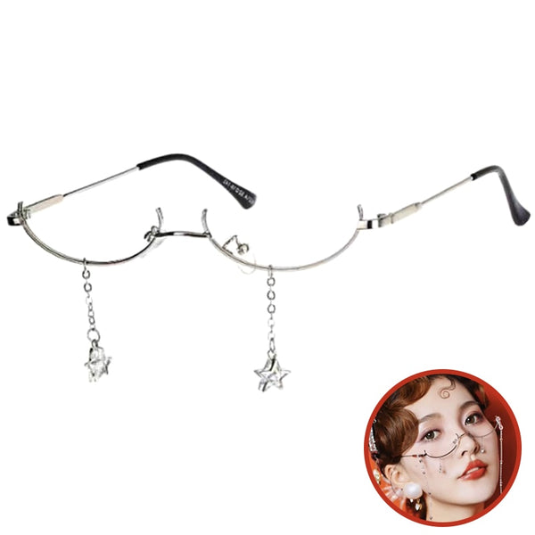 Vintage Lower Half Frame No Lens Glasses For Women Girl Star Pendant Chain Decorative Glasses Teacher Secretary Cosplay Glasses