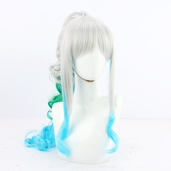 Anime One P Piece Yamato Cosplay Wig 70cm Long Silver Blue Green Mixed Ponytail Halloween Costume Party Wigs + Free Wig Cap