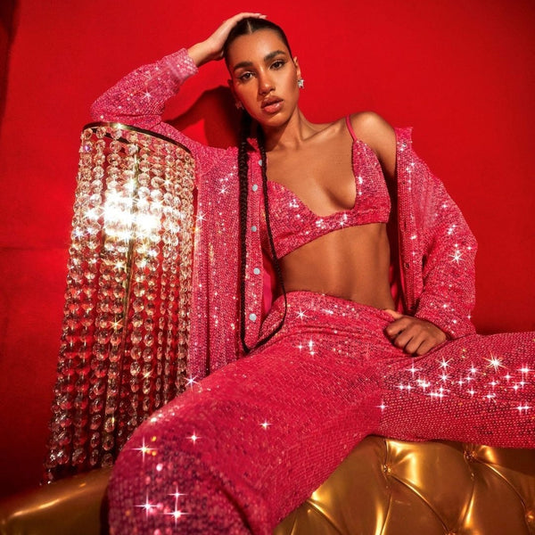 Sequins Glitter Sparkling Disco Costumes Pink Long Sleeve Shirts With Flare Trousers