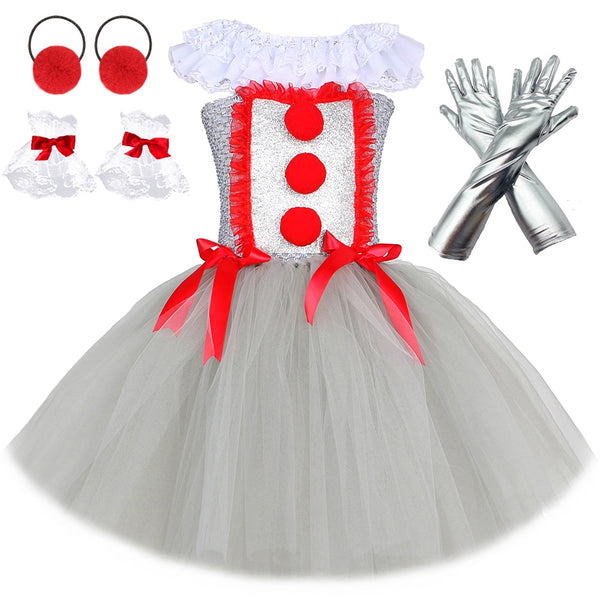 Gray Jokers Pennywisese Tutu Dress Girl Creepy a Clown Cosplay Halloween Costume for Kids Clothes Children Fancy Carnival Party Dress
