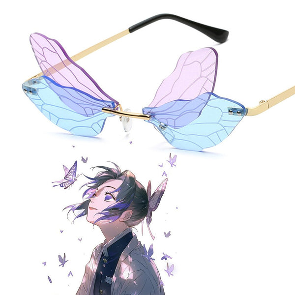 Anime Demon Slayer Glasses Eyewear Kochou Shinobu Cosplay Glasses Multicolor Butterfly Rimless Sunglasses