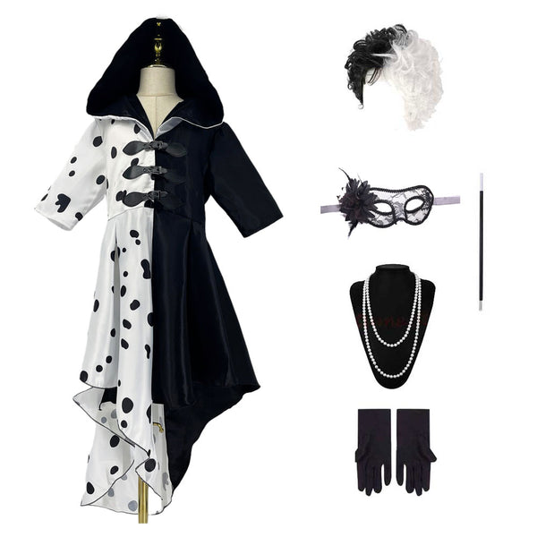 Girls Women Black White Cosplay Costume Dress Follower Black Uniform Cruellaa- Deville Dresses Coat Halloween Skirt
