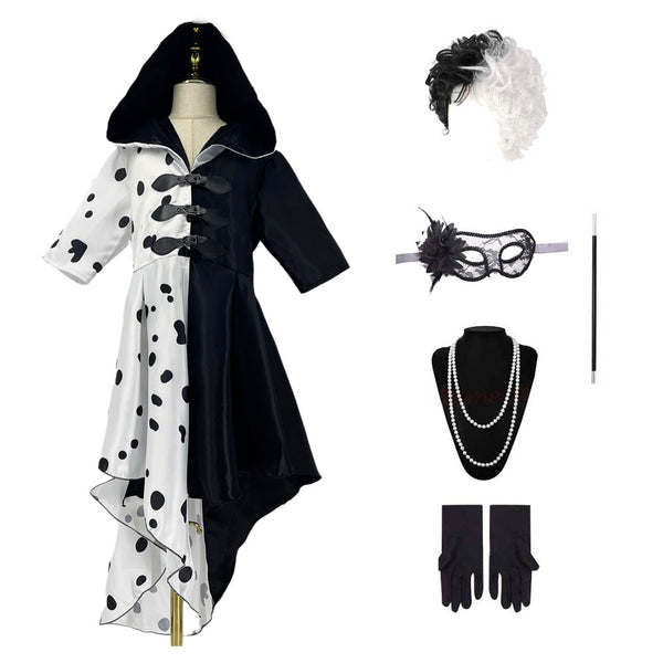 Girls Women Black White Cosplay Costume Dress Follower Black Uniform Cruellala Devillele Dresses Coat Halloween Skirt