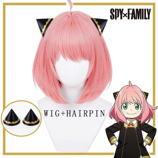 Anime SPY FAMILY Anya Forger Short Pink Cosplay Wig Hair Heat Resistant Synthetic Halloween Party Wigs + Hairpins +Wig Cap
