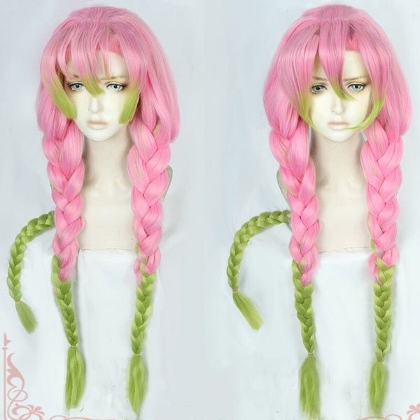 Mitsuri Kanroji Demon Slayer and Kimetsu no Yaiba Long Pink Green Heat Resistant Hair Authentic Cosplay Costume Wigs +Wig Cap