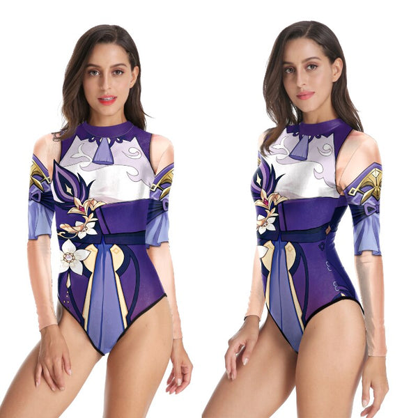 2022 Game Genshin Impact Keqing Cosplay Costume High Slit Swimsuit 3D Sexy Long Sleeves Bodysuit Slim Jumpsuit For Women