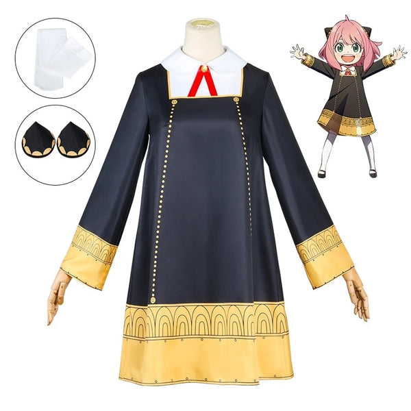 Ausgefallene Kinder Erwachsene Anime SPY X FAMILY Anya Forger Cosplay Kostüm Schwarzes Kleid Uniform Full Set Strumpf Halloween Karneval Kleidung