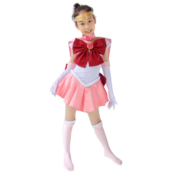 Child Size Sailor COS Moon Pink Chibi USA Girls Cosplay Cute Costume Girl Pink Dress Set For Halloween Theme Parties